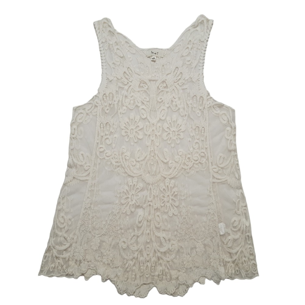 Love J Tank Top Boho Womens S-M Ivory Floral Lace Sheer Mesh Sleeveless Scoop